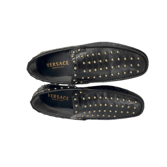 Versace Men Loafers Size 40 Black Gold Studded Genuine Leather Italy Shoes - Picture 2 of 7